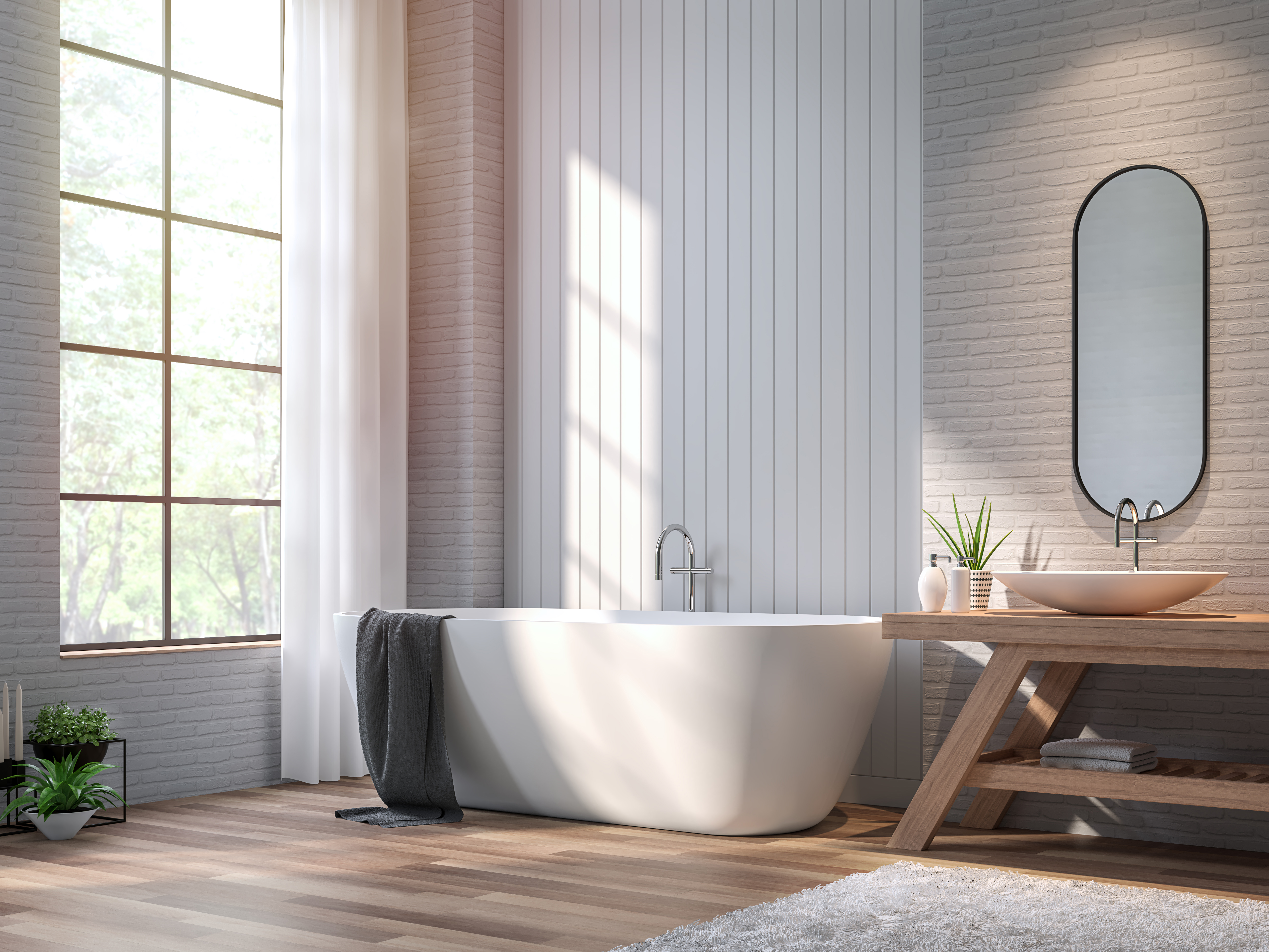 Vintage bathroom 3d render,There are wood floor,white brick and vertical wood plank wall ,Decorate with wooden basin table,The room has large windows. Sunlight shining into the room.
